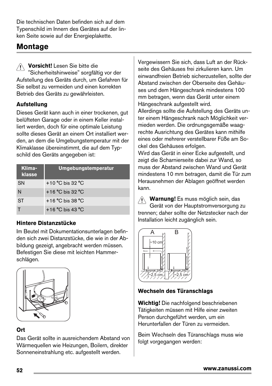 Montage | Zanussi ZFX405W User Manual | Page 52 / 56
