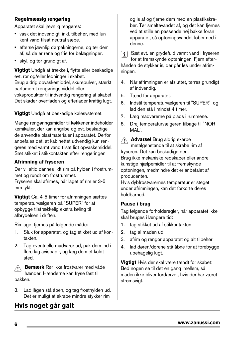 Hvis noget går galt | Zanussi ZFX405W User Manual | Page 6 / 56