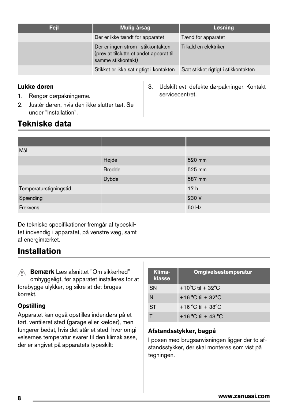 Tekniske data, Installation | Zanussi ZFX405W User Manual | Page 8 / 56