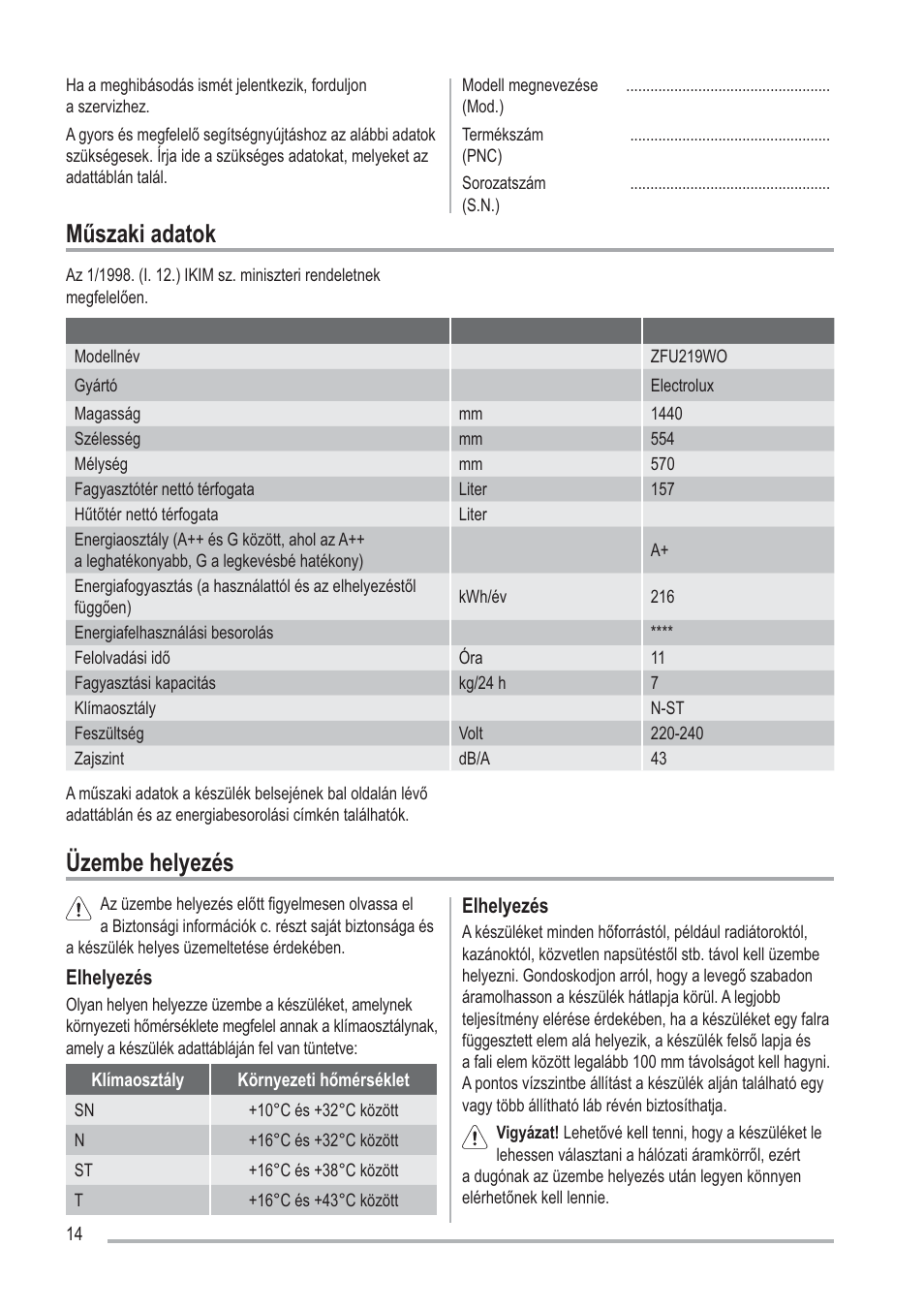 Üzembe helyezés, 0ħv]dnldgdwrn | Zanussi ZFU219WO User Manual | Page 14 / 104