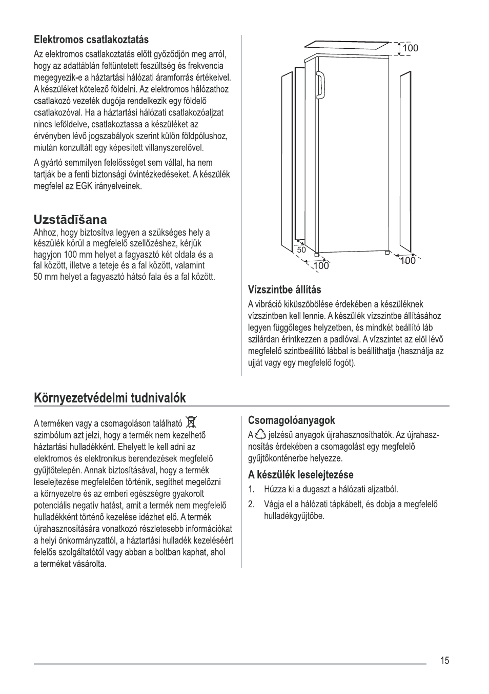 Uzstādīšana | Zanussi ZFU219WO User Manual | Page 15 / 104