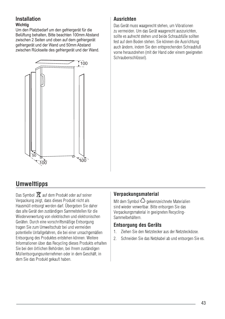 Installation | Zanussi ZFU219WO User Manual | Page 43 / 104