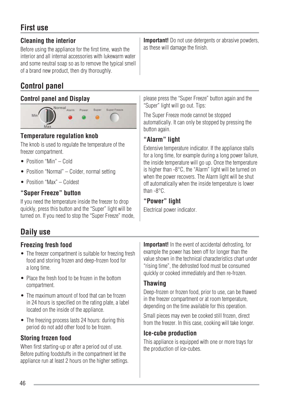 First use, Control panel, Daily use | Zanussi ZFU219WO User Manual | Page 46 / 104