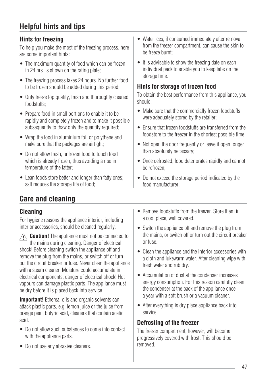 Helpful hints and tips care and cleaning | Zanussi ZFU219WO User Manual | Page 47 / 104