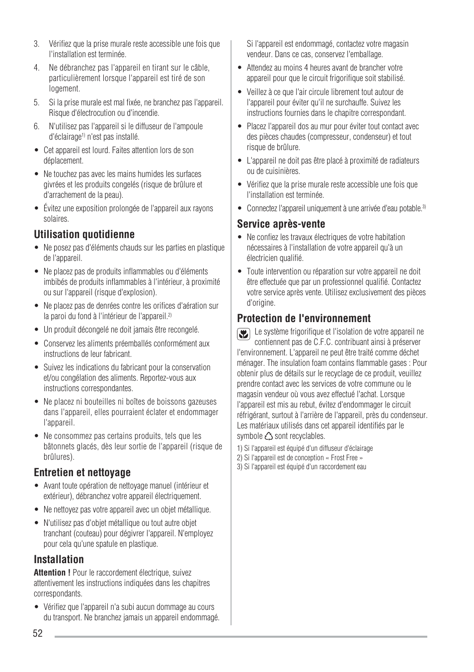 Utilisation quotidienne, Entretien et nettoyage, Installation | Service après-vente, Protection de l'environnement | Zanussi ZFU219WO User Manual | Page 52 / 104