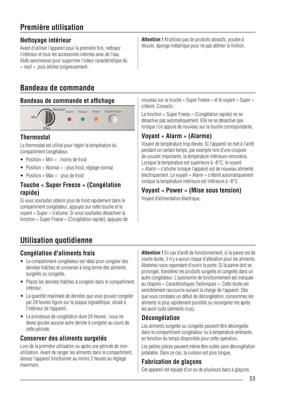 Première utilisation, Bandeau de commande, Utilisation quotidienne | Zanussi ZFU219WO User Manual | Page 53 / 104