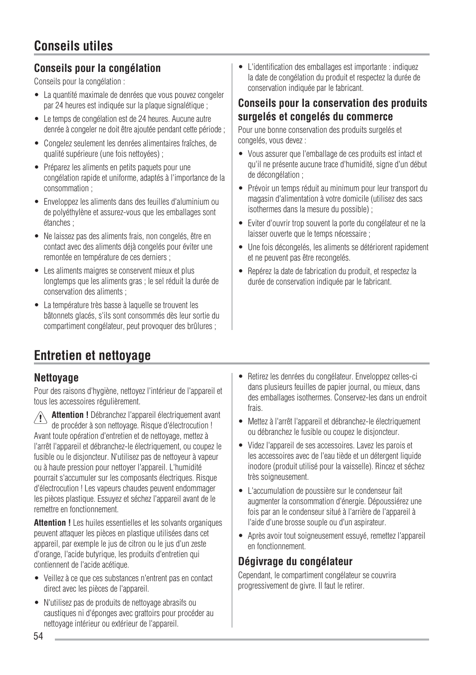 Conseils utiles entretien et nettoyage, Conseils pour la congélation, Nettoyage | Dégivrage du congélateur | Zanussi ZFU219WO User Manual | Page 54 / 104