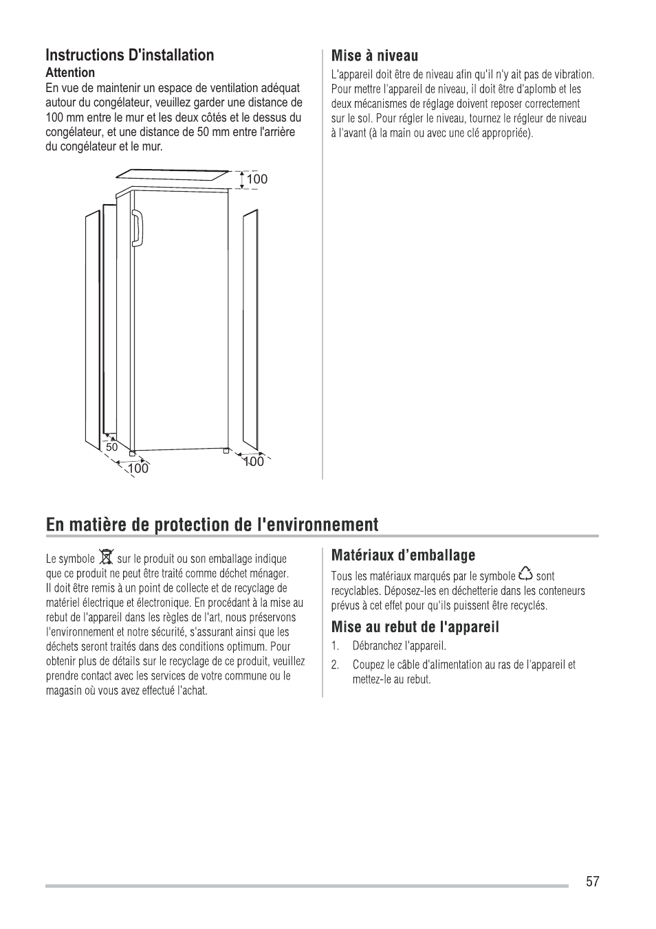 Instructions d'installation | Zanussi ZFU219WO User Manual | Page 57 / 104