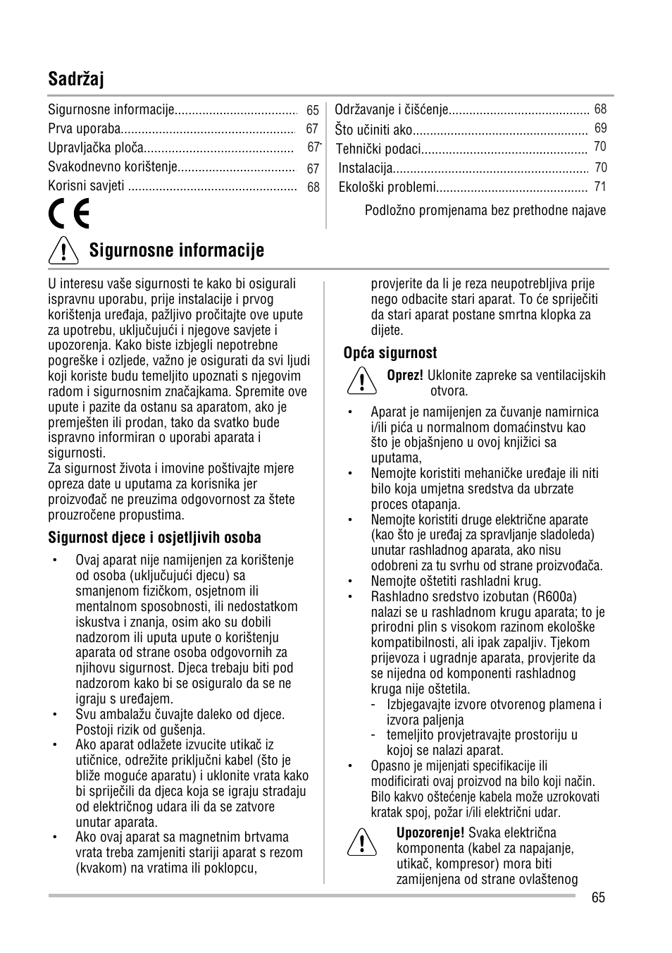 Sadržaj, Sigurnosne informacije | Zanussi ZFU219WO User Manual | Page 65 / 104