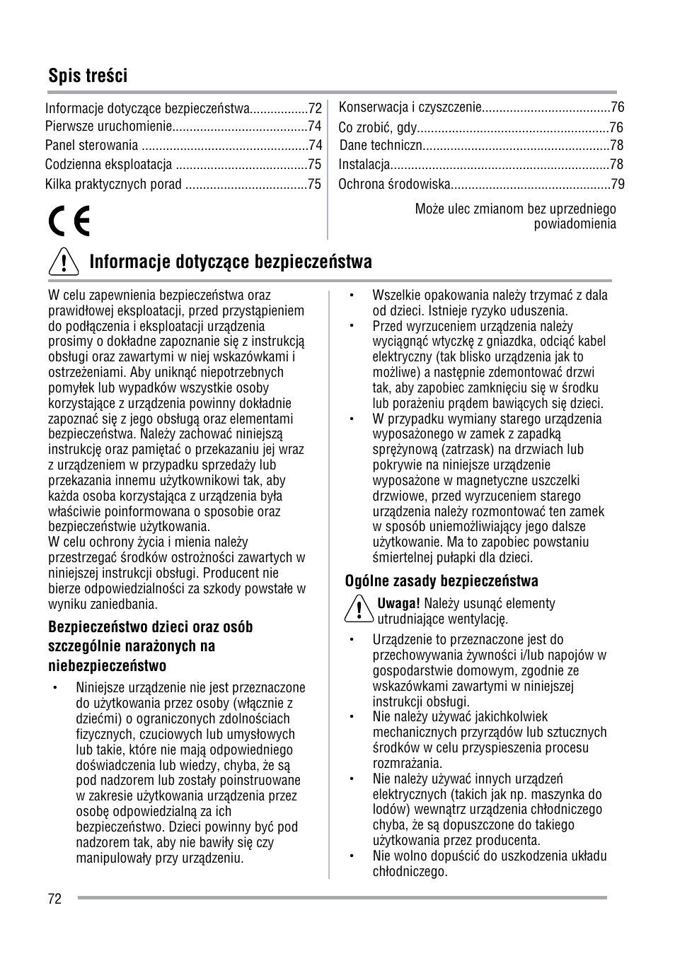 Spis tre ćci, Informacje dotycz øce bezpieczeöstwa | Zanussi ZFU219WO User Manual | Page 72 / 104
