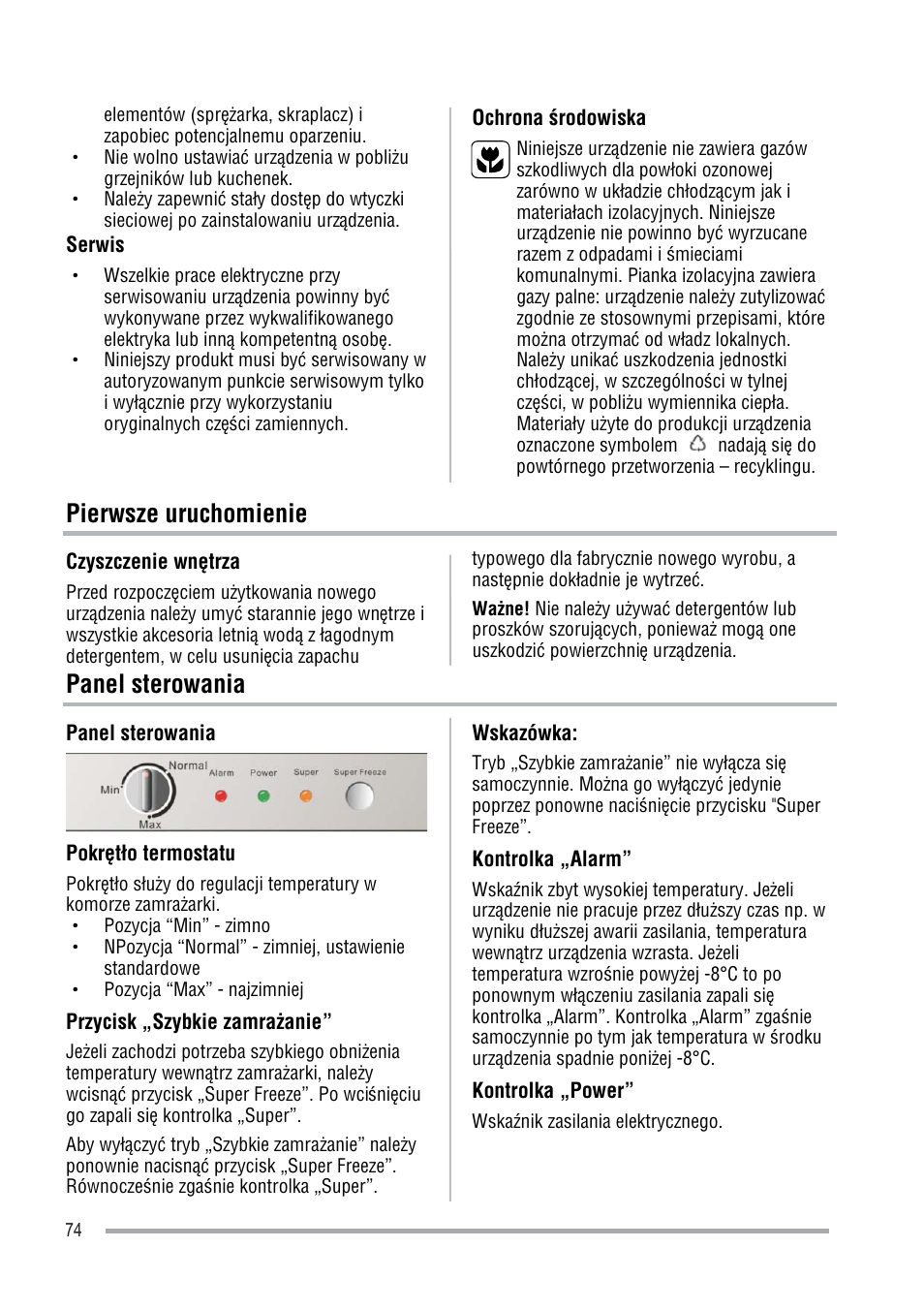 Pierwsze uruchomienie, Panel sterowania | Zanussi ZFU219WO User Manual | Page 74 / 104
