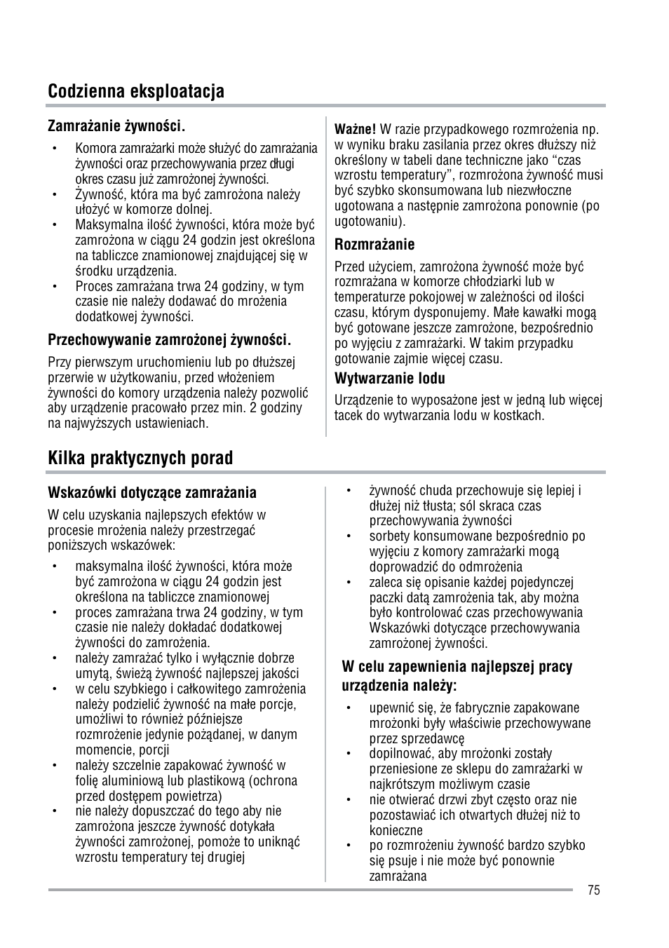 Codzienna eksploatacja, Kilka praktycznych porad | Zanussi ZFU219WO User Manual | Page 75 / 104