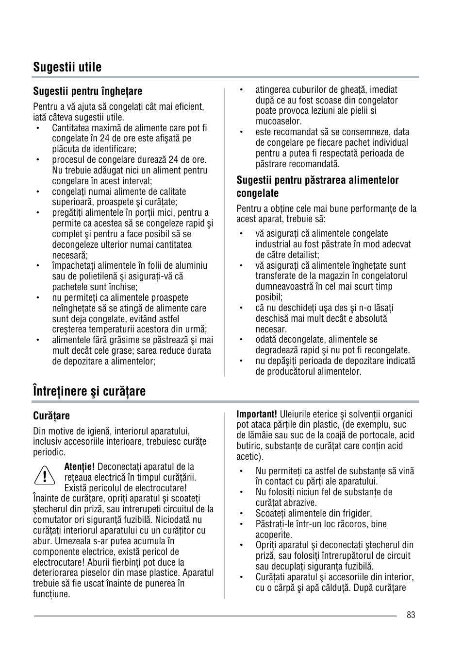 Sugestii utile, Între činere ĉi curöčare | Zanussi ZFU219WO User Manual | Page 83 / 104