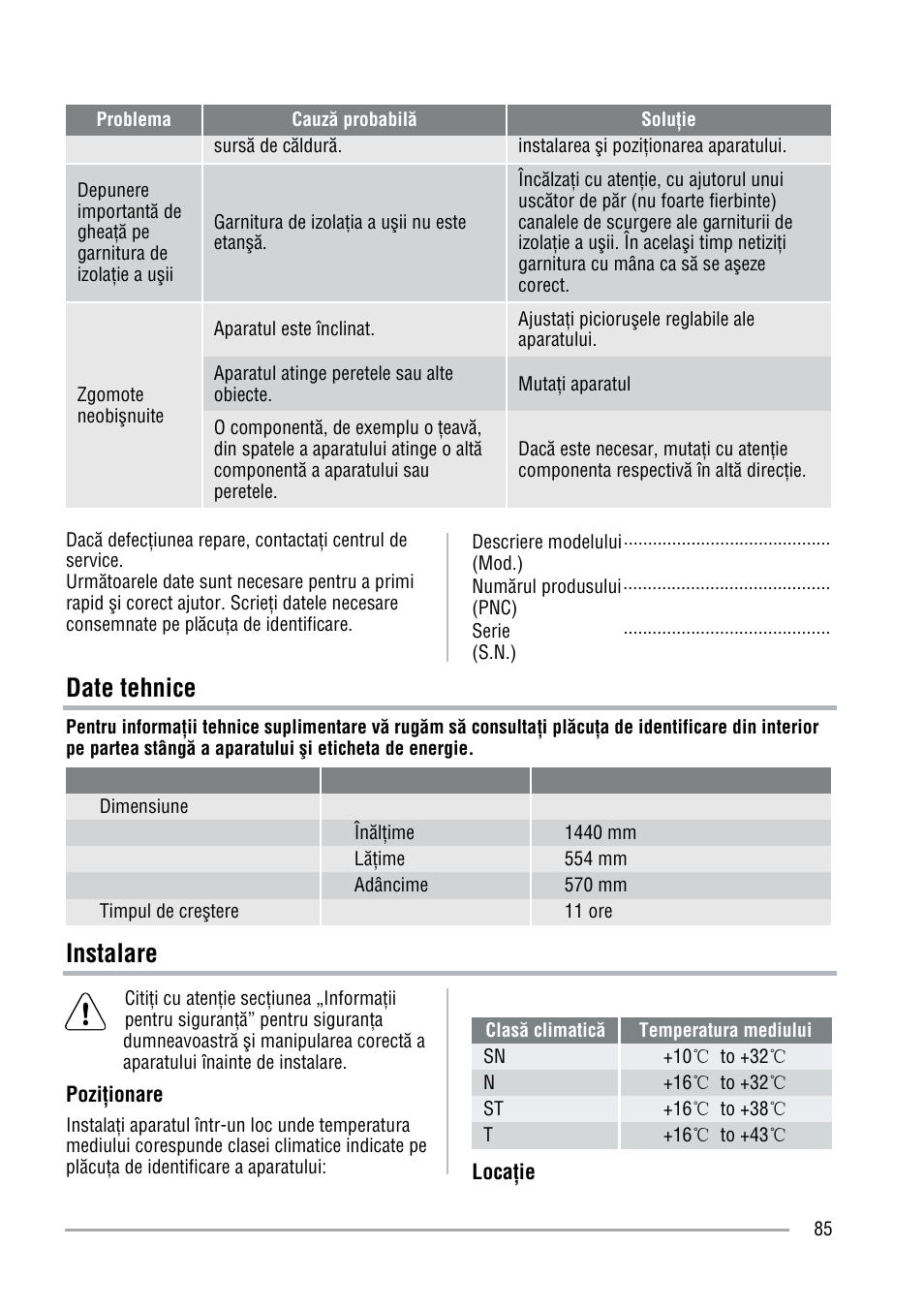 Date tehnice, Instalare | Zanussi ZFU219WO User Manual | Page 85 / 104