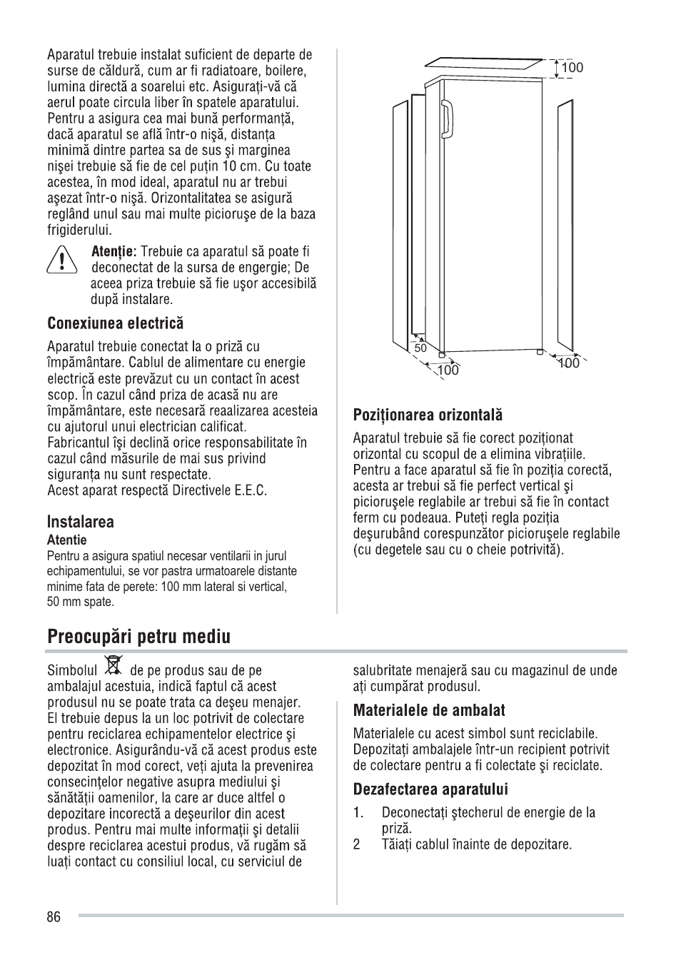 Instalarea | Zanussi ZFU219WO User Manual | Page 86 / 104