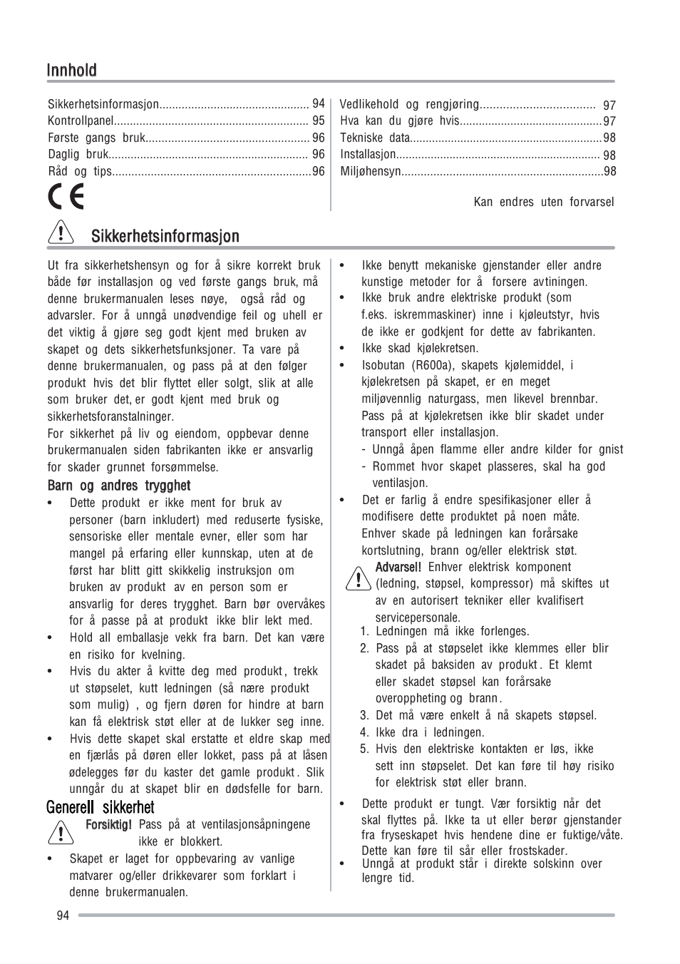 Innhold sikkerhetsinformasjon | Zanussi ZFU219WO User Manual | Page 94 / 104