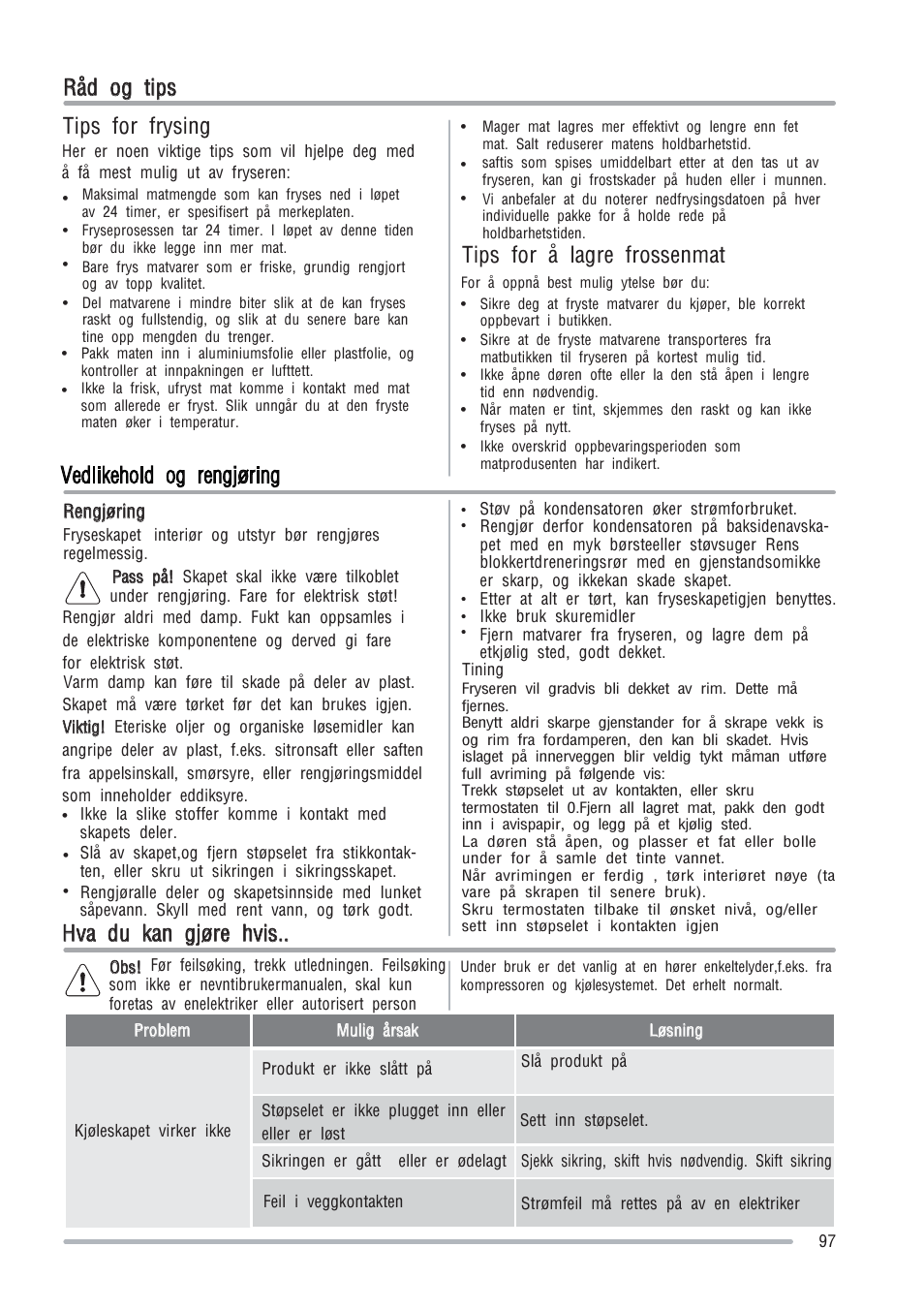 Råd og tips | Zanussi ZFU219WO User Manual | Page 97 / 104