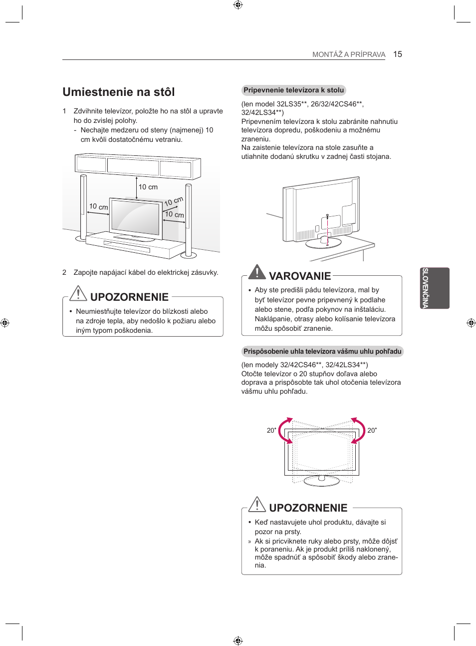 Umiestnenie na stôl, Upozornenie, Varovanie | LG LS35 User Manual | Page 102 / 365