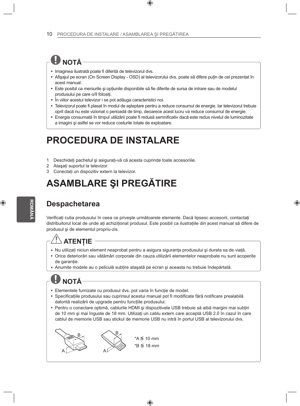 Procedura de instalare, Asamblare şi pregătire, Despachetarea | Notă, Atenţie | LG LS35 User Manual | Page 117 / 365