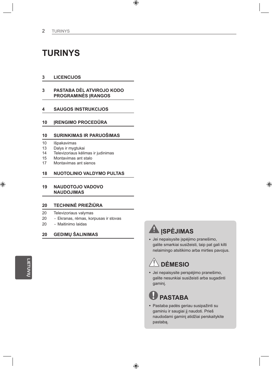 Turinys, Įspėjimas, Dėmesio | Pastaba | LG LS35 User Manual | Page 169 / 365