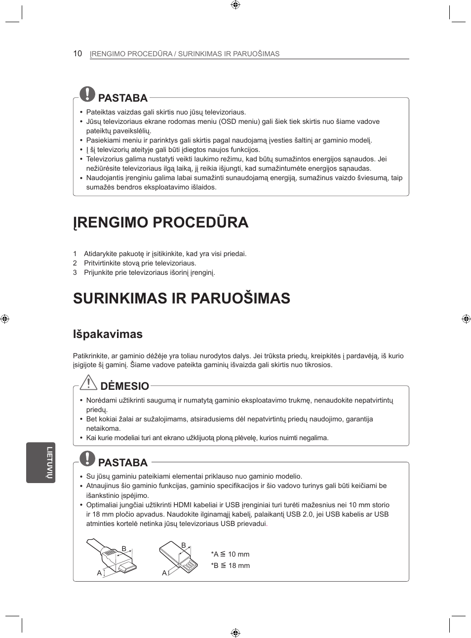 Įrengimo procedūra, Surinkimas ir paruošimas, Išpakavimas | Pastaba, Dėmesio | LG LS35 User Manual | Page 177 / 365