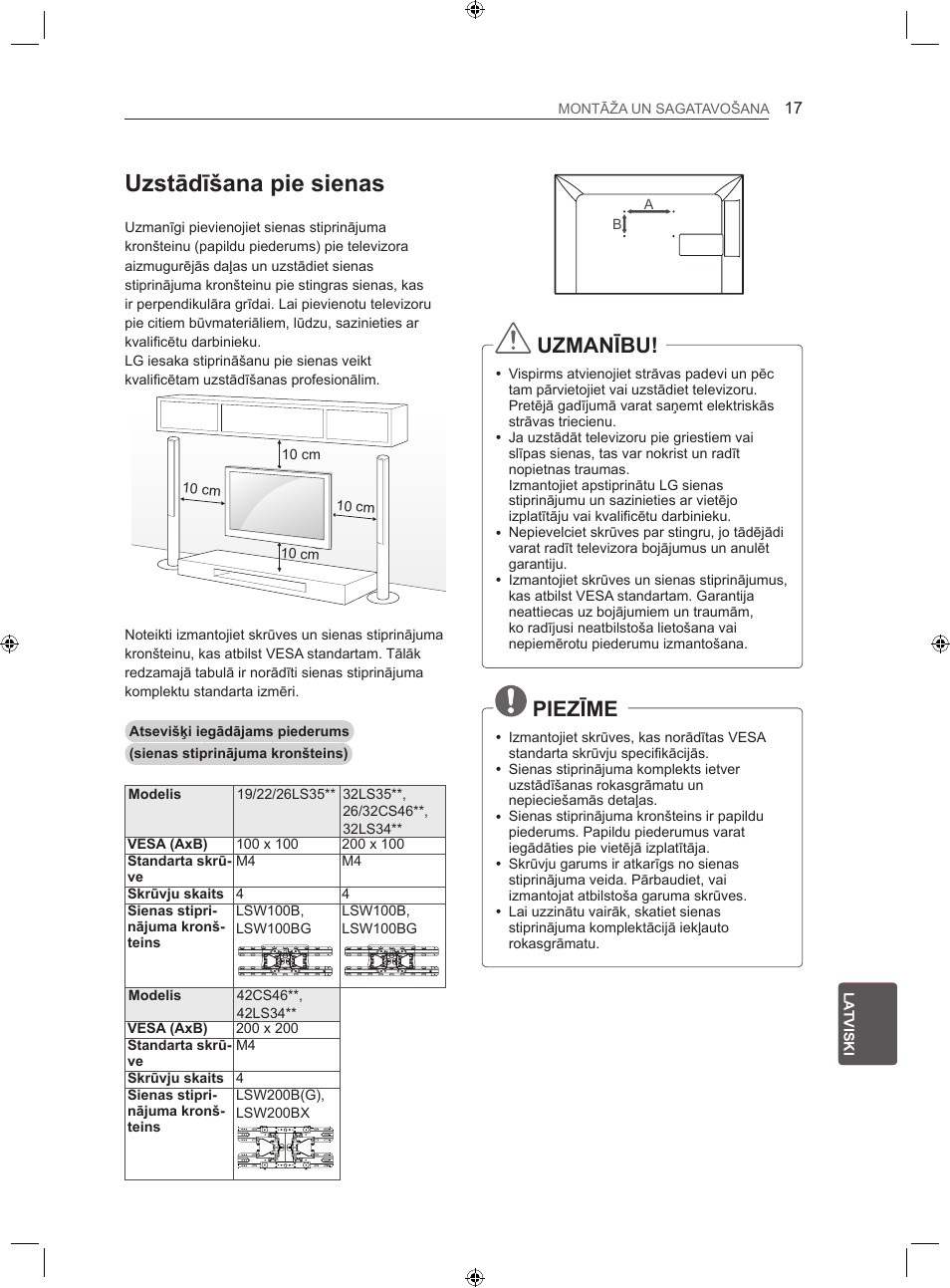 Uzstādīšana pie sienas, Uzmanību, Piezīme | LG LS35 User Manual | Page 204 / 365
