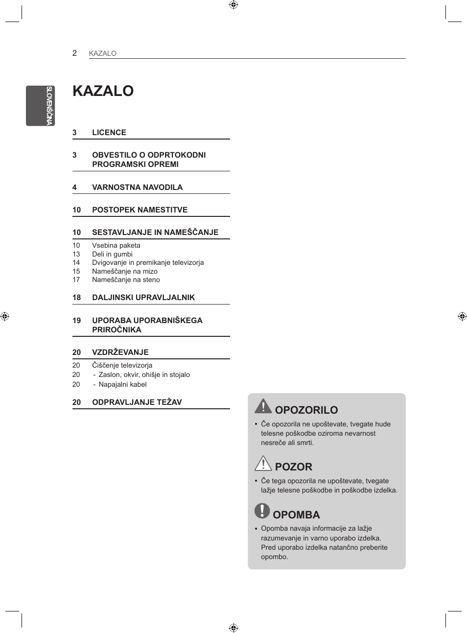 Kazalo, Opozorilo, Pozor | Opomba | LG LS35 User Manual | Page 209 / 365