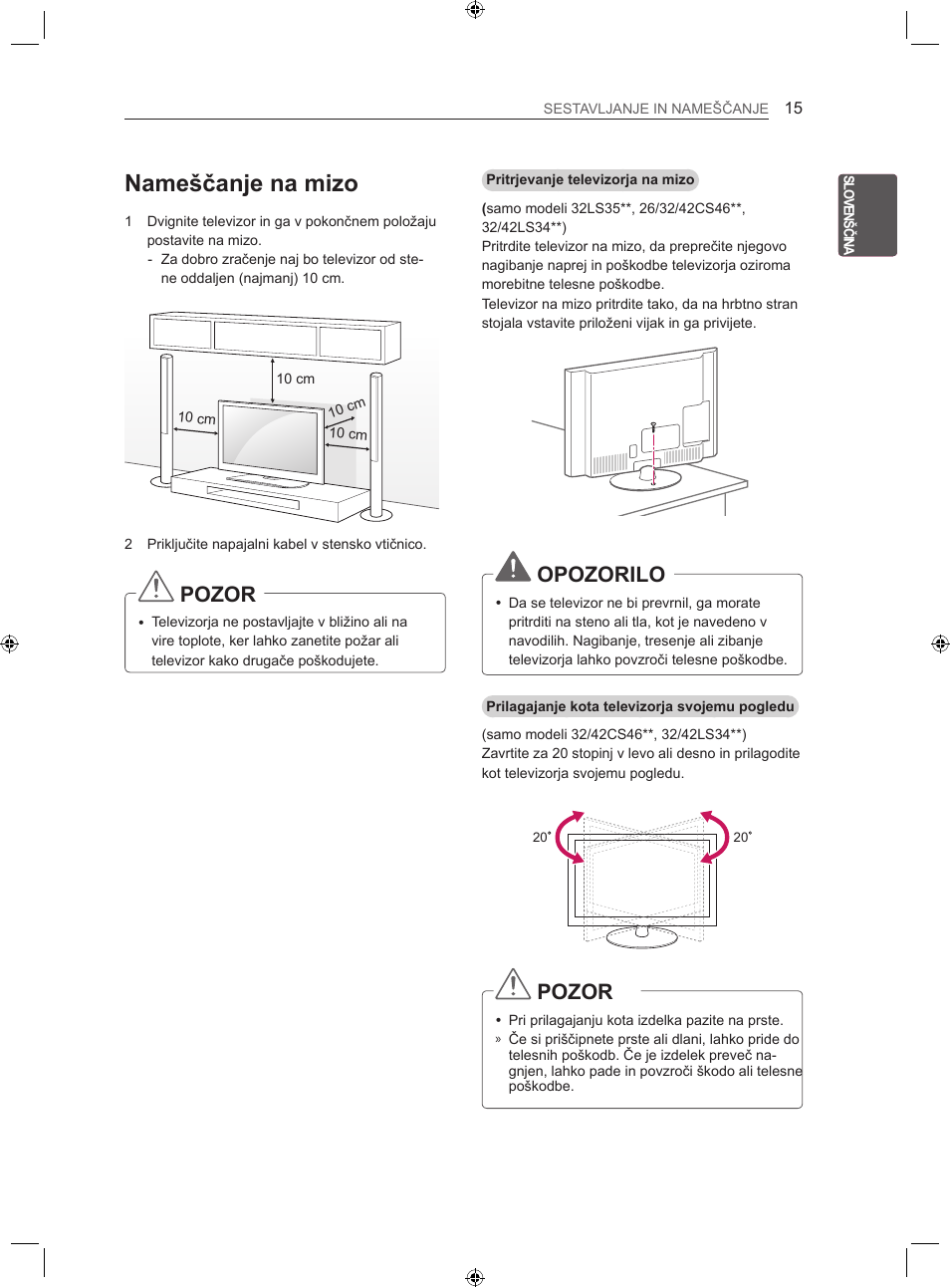 Nameščanje na mizo, Pozor, Opozorilo | LG LS35 User Manual | Page 222 / 365
