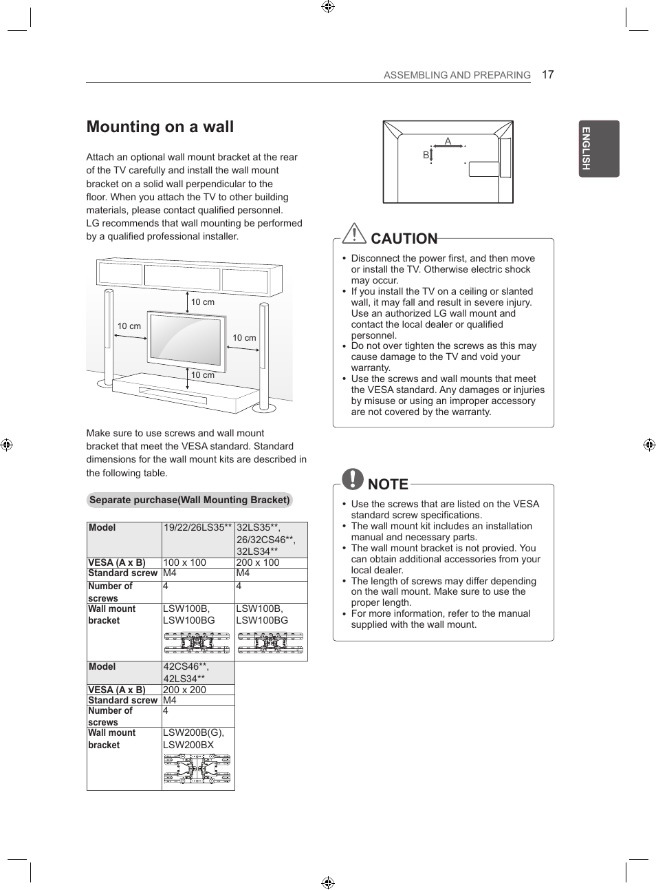 Mounting on a wall, Caution | LG LS35 User Manual | Page 23 / 365