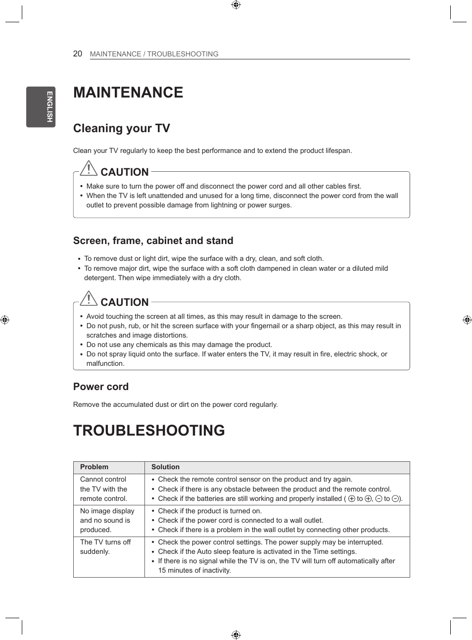 Maintenance, Troubleshooting, Cleaning your tv | Caution, Screen, frame, cabinet and stand, Power cord | LG LS35 User Manual | Page 26 / 365