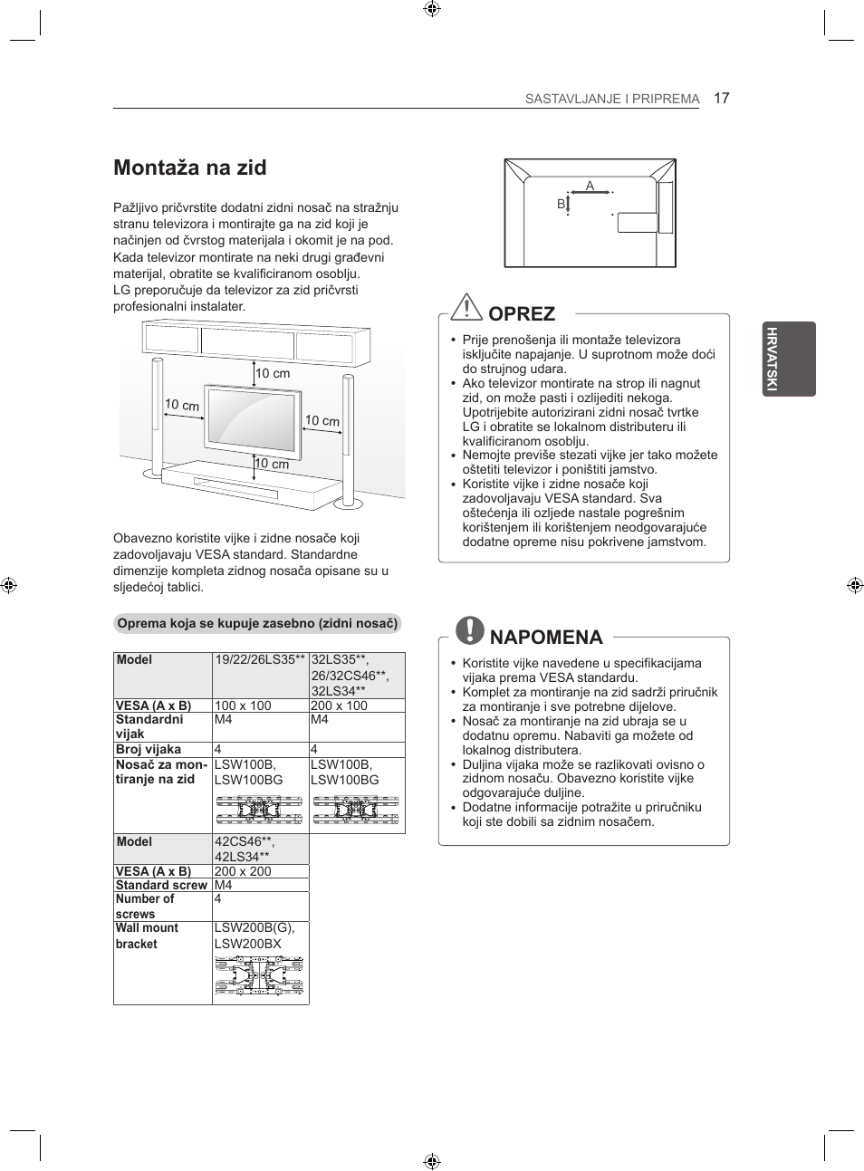 Montaža na zid, Oprez, Napomena | LG LS35 User Manual | Page 264 / 365
