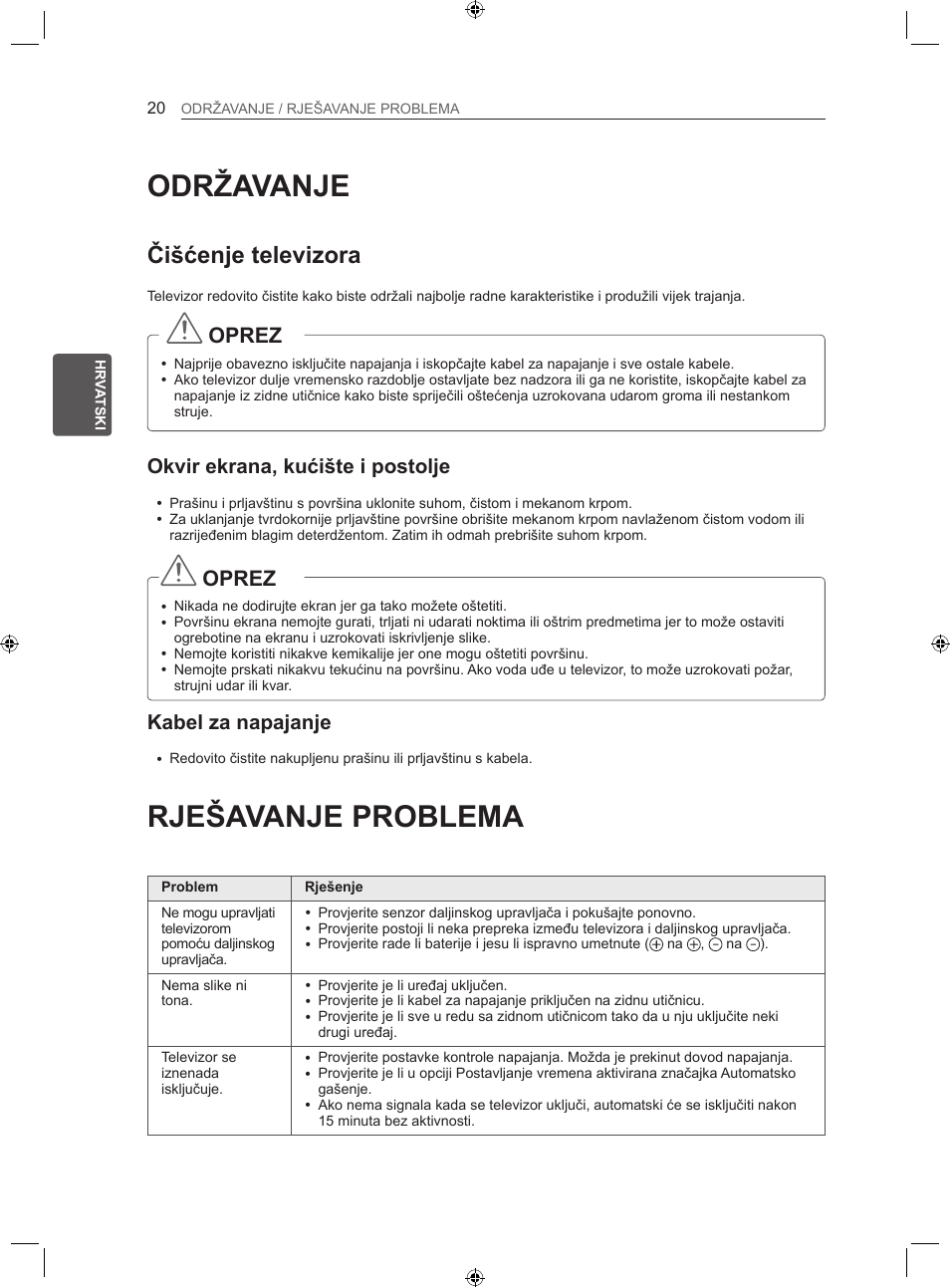 Održavanje, Rješavanje problema, Čišćenje televizora | Oprez, Okvir ekrana, kućište i postolje, Kabel za napajanje | LG LS35 User Manual | Page 267 / 365