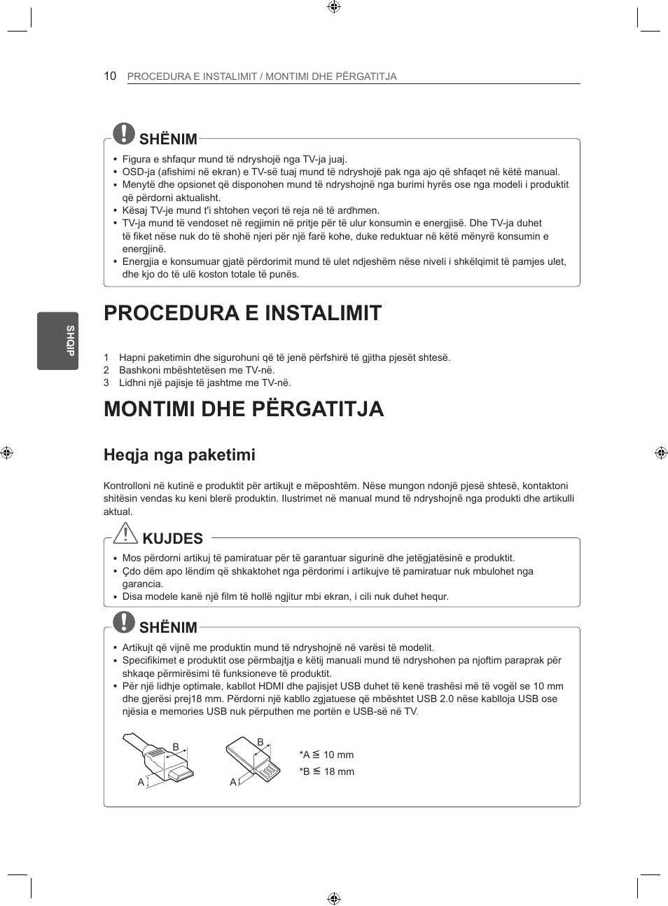 Procedura e instalimit, Montimi dhe përgatitja, Heqja nga paketimi | Shënim, Kujdes | LG LS35 User Manual | Page 277 / 365