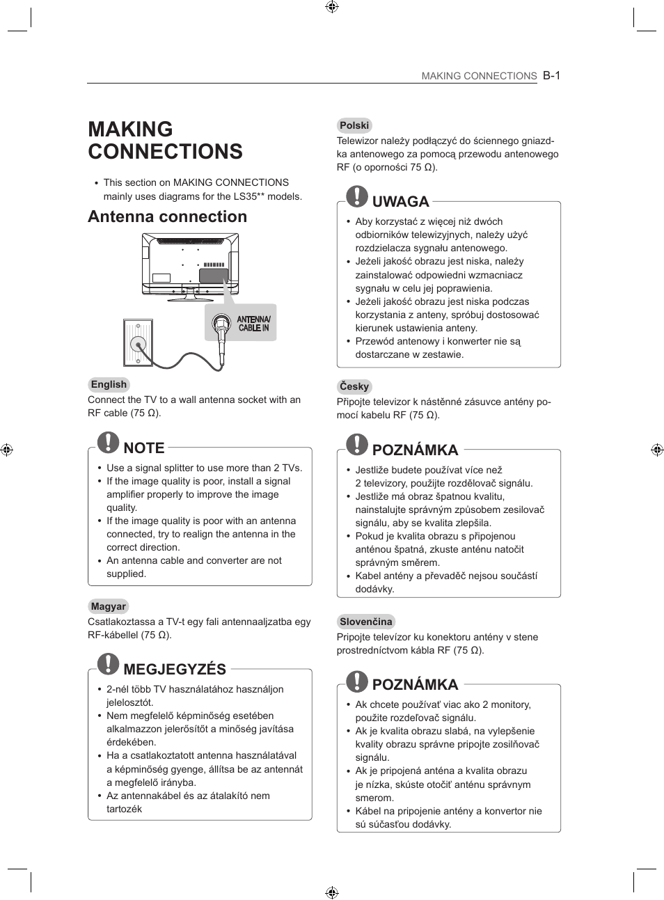 Making connections, Antenna connection, Megjegyzés | Uwaga, Poznámka | LG LS35 User Manual | Page 328 / 365