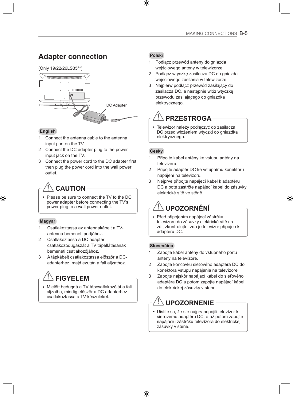 Adapter connection, Caution, Figyelem | Przestroga, Upozornění, Upozornenie | LG LS35 User Manual | Page 332 / 365