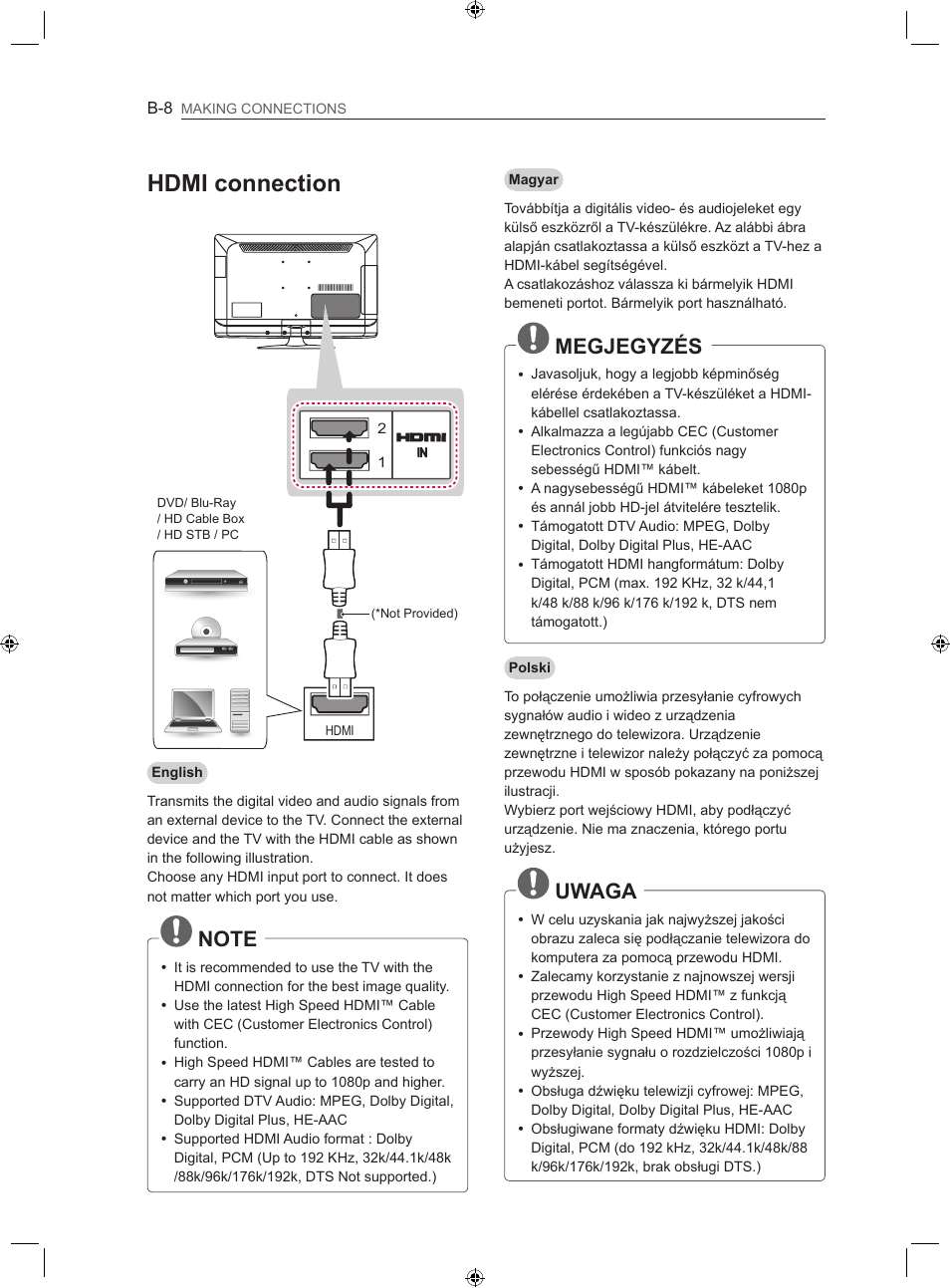 Hdmi connection, Megjegyzés, Uwaga | LG LS35 User Manual | Page 335 / 365