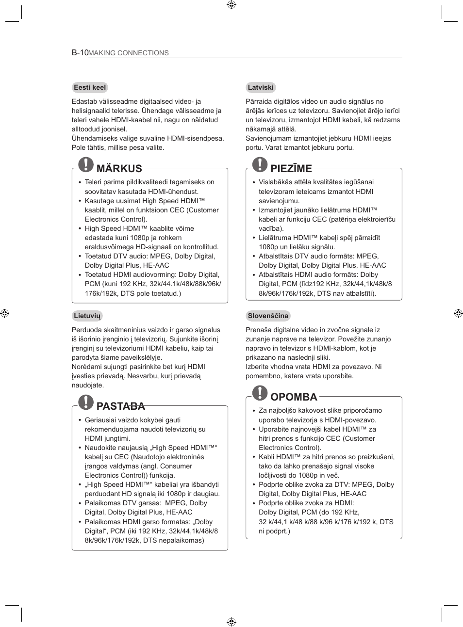 Piezīme, Opomba, Märkus | Pastaba | LG LS35 User Manual | Page 337 / 365