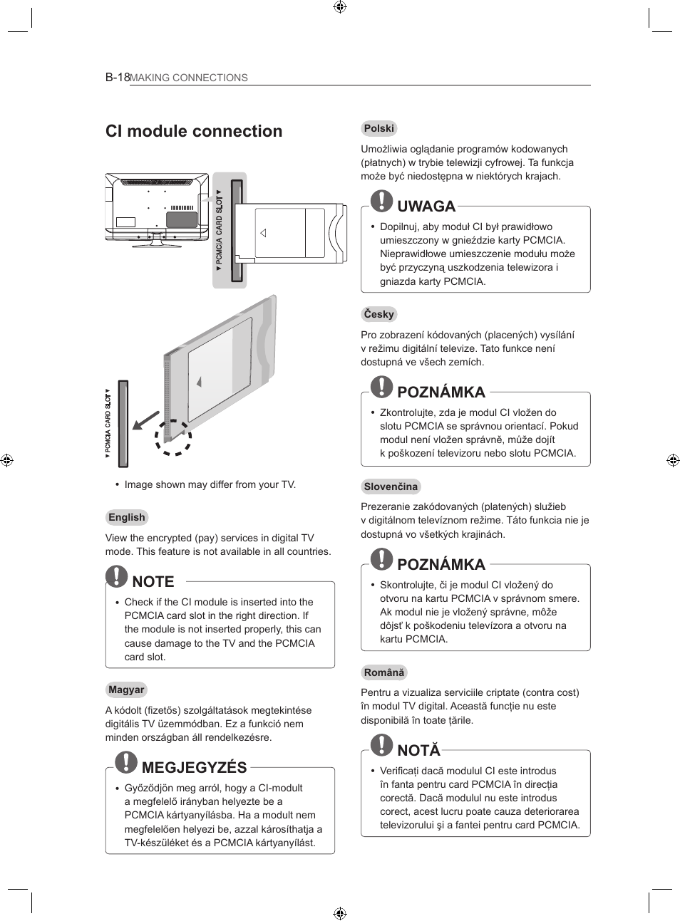 Ci module connection, Megjegyzés, Uwaga | Poznámka, Notă | LG LS35 User Manual | Page 345 / 365