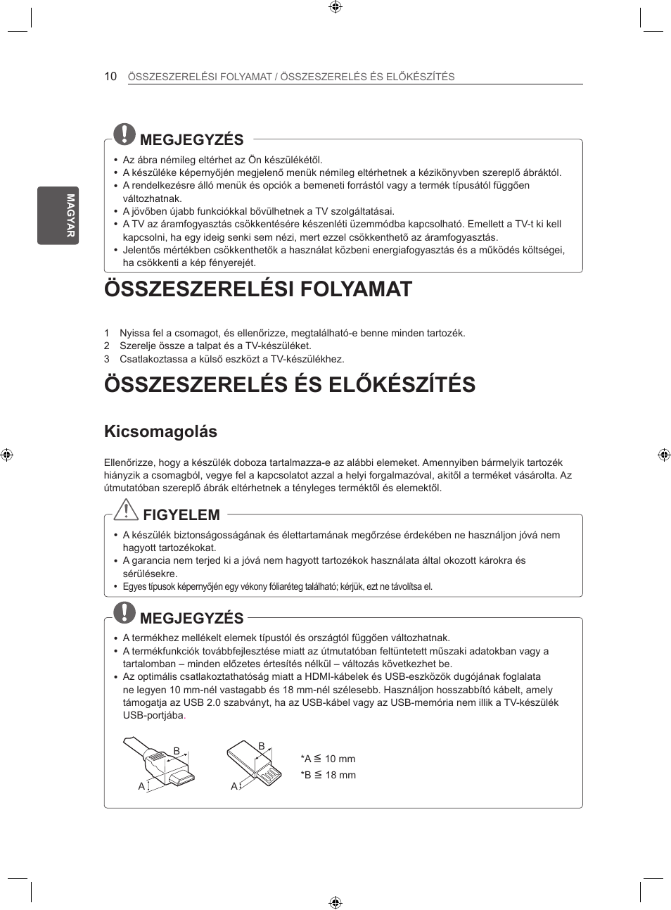 Összeszerelési folyamat, Összeszerelés és előkészítés, Kicsomagolás | Megjegyzés, Figyelem | LG LS35 User Manual | Page 36 / 365