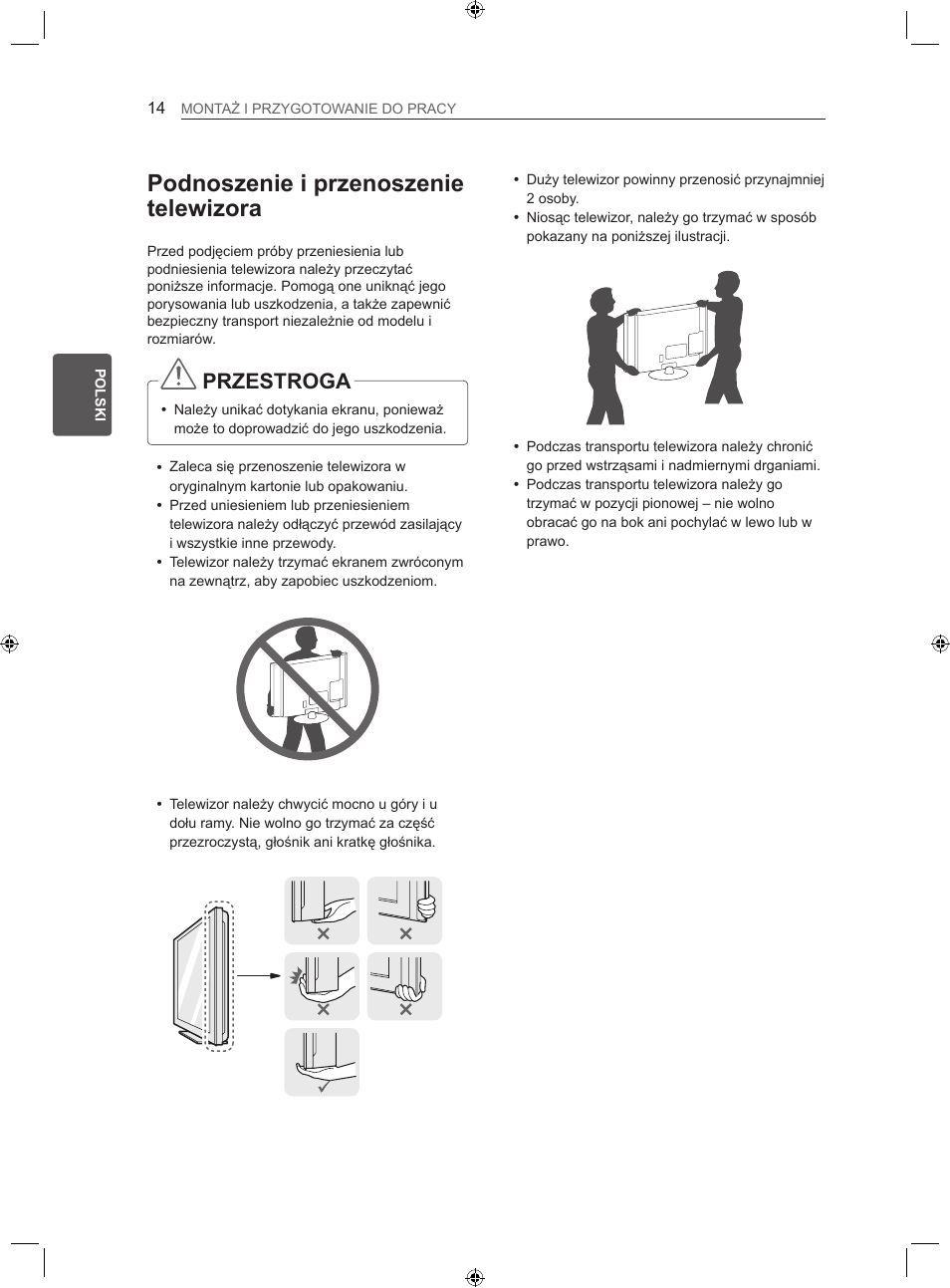 Podnoszenie i przenoszenie telewizora, Przestroga | LG LS35 User Manual | Page 60 / 365