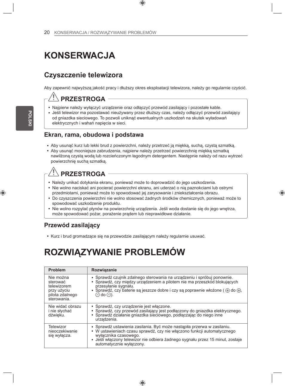 Konserwacja, Rozwiązywanie problemów, Czyszczenie telewizora | Przestroga, Ekran, rama, obudowa i podstawa, Przewód zasilający | LG LS35 User Manual | Page 66 / 365