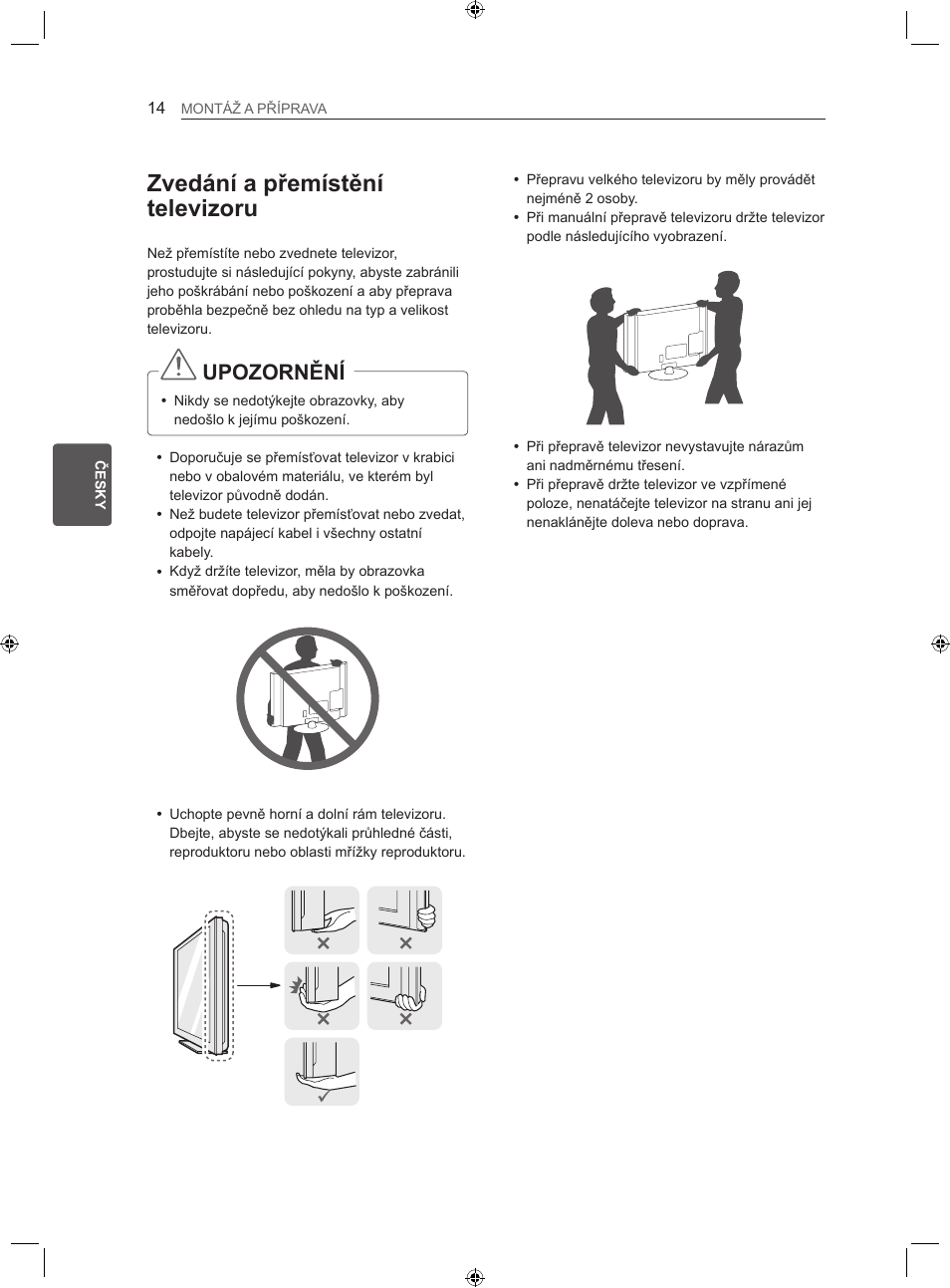 Zvedání a přemístění televizoru, Upozornění | LG LS35 User Manual | Page 81 / 365