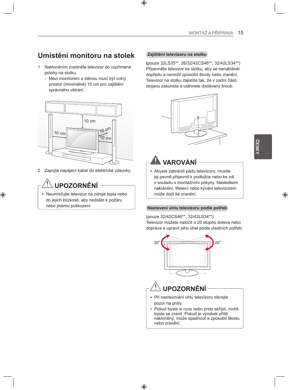 Umístění monitoru na stolek, Upozornění, Varování | LG LS35 User Manual | Page 82 / 365