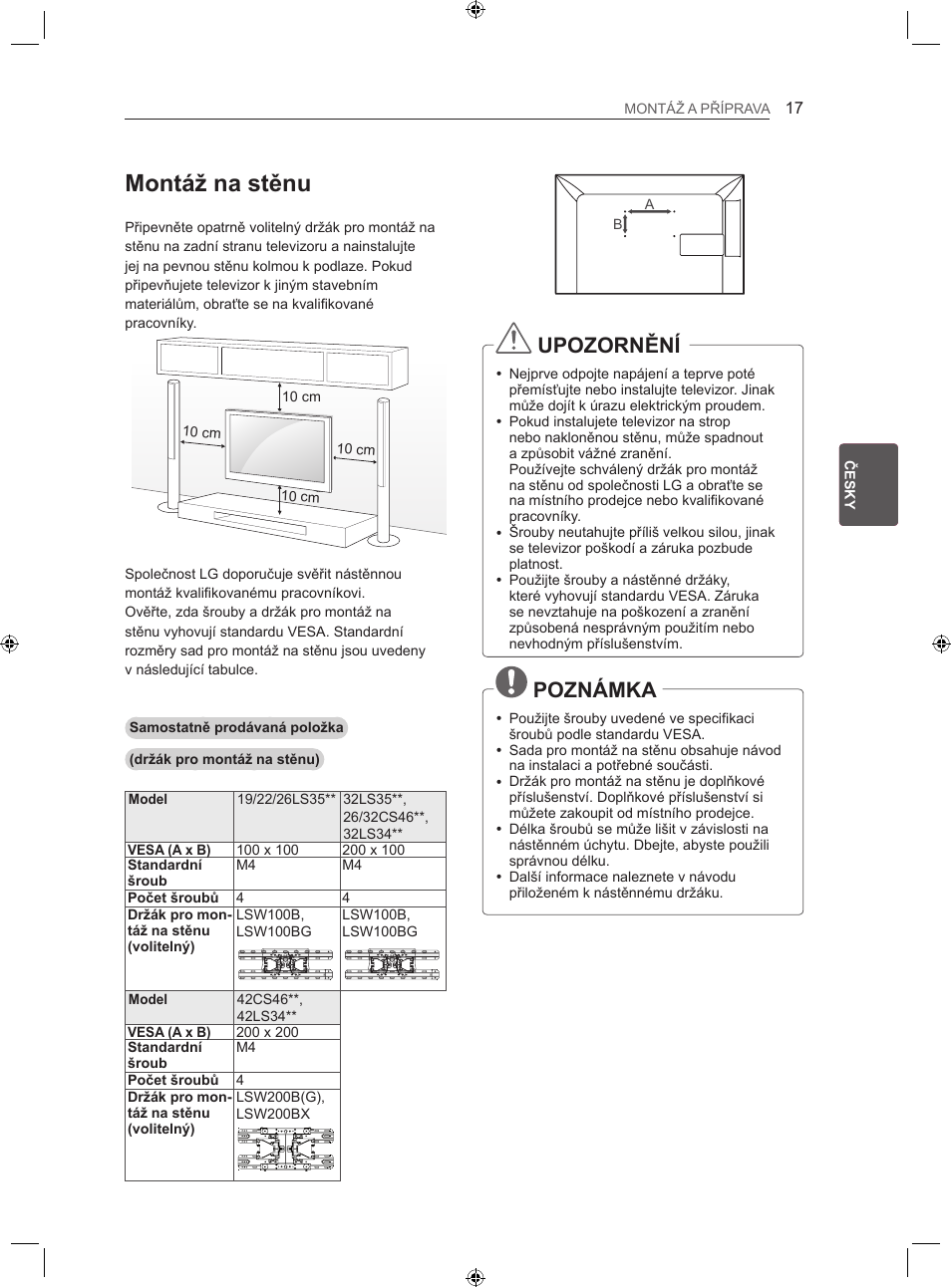 Montáž na stěnu, Upozornění, Poznámka | LG LS35 User Manual | Page 84 / 365