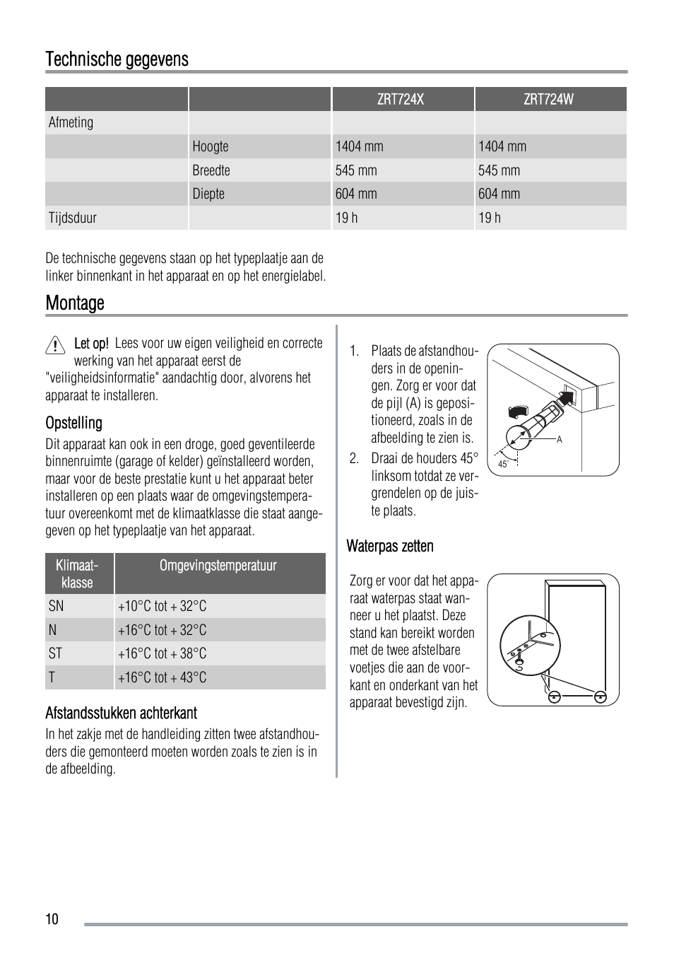 Technische gegevens, Montage | Zanussi ZRT724X User Manual | Page 10 / 52