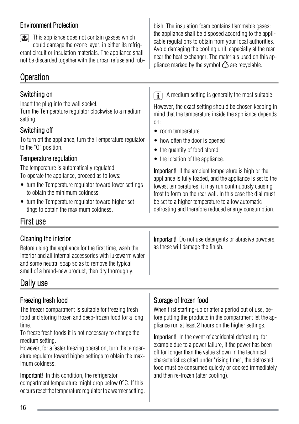 Operation, First use, Daily use | Zanussi ZRT724X User Manual | Page 16 / 52