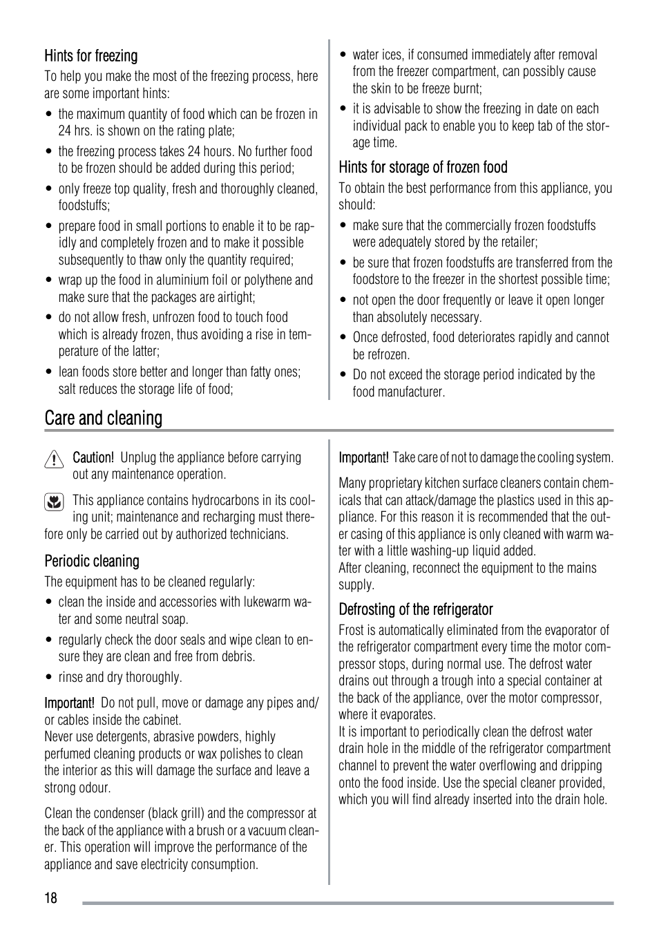 Care and cleaning | Zanussi ZRT724X User Manual | Page 18 / 52