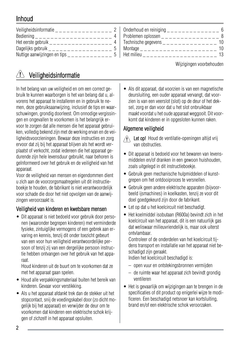 Inhoud, Veiligheidsinformatie | Zanussi ZRT724X User Manual | Page 2 / 52