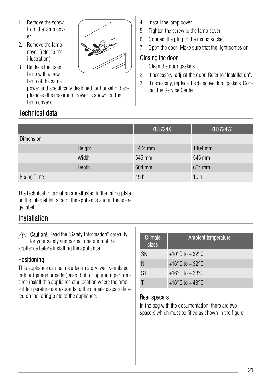 Technical data, Installation | Zanussi ZRT724X User Manual | Page 21 / 52