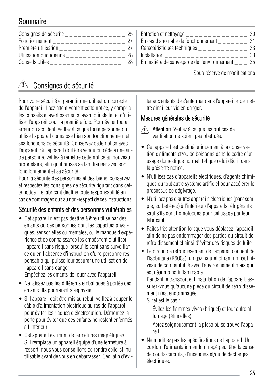 Sommaire, Consignes de sécurité | Zanussi ZRT724X User Manual | Page 25 / 52